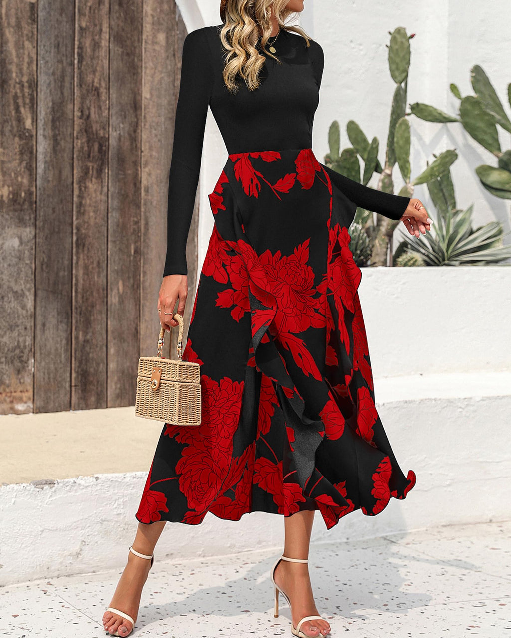 BTFBM Womens Floral Maxi Dress Fall 2025 Casual Crewneck Long Sleeve Ruffle Flowy Cocktail Wedding Guest Dresses