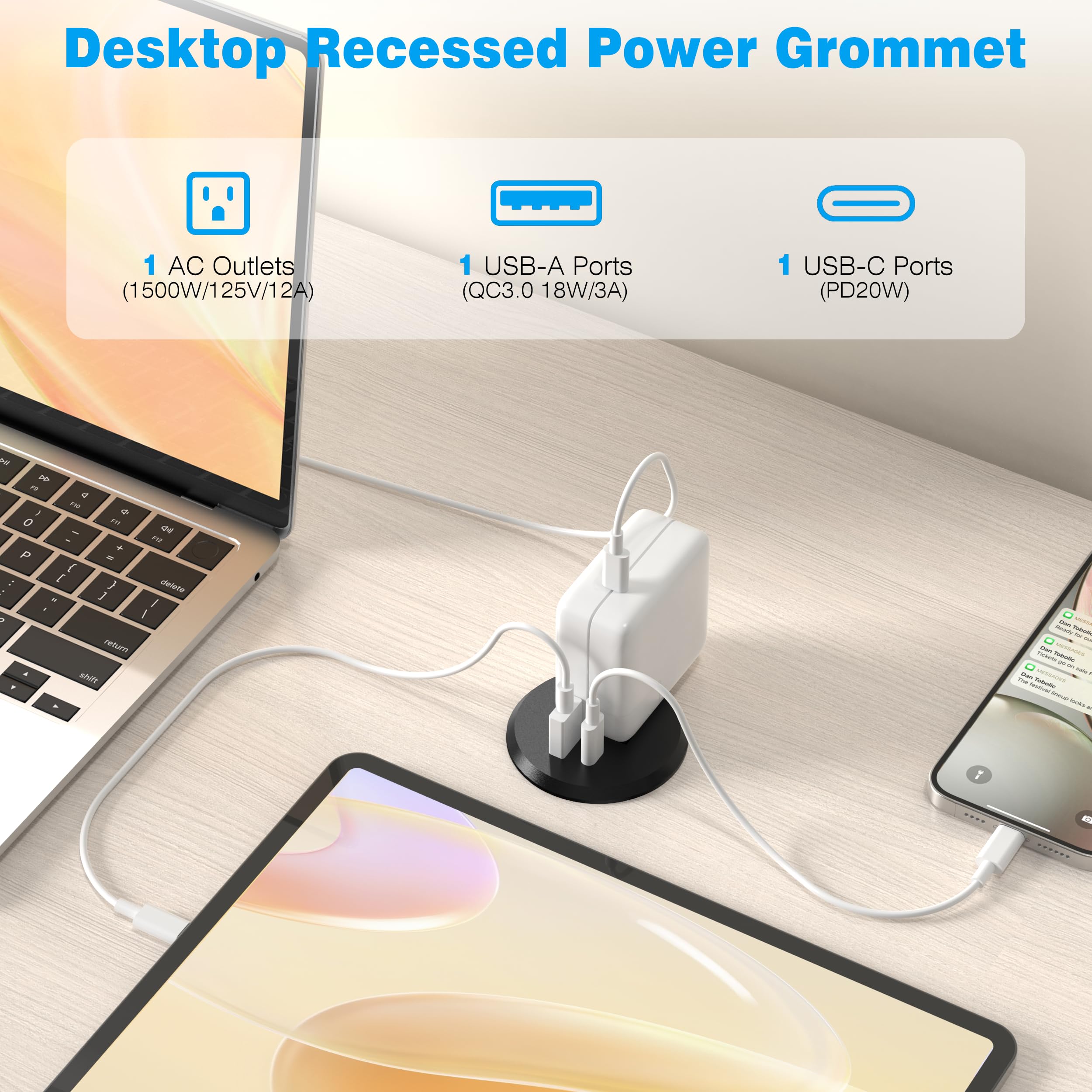 2 inch Desk Power Grommet Outlet, Recessed Power Outlet with 20W USB-C Fast Charging, for Conference Rooms, Office Tables, Furniture, 6FT Cord(ETL Listed)