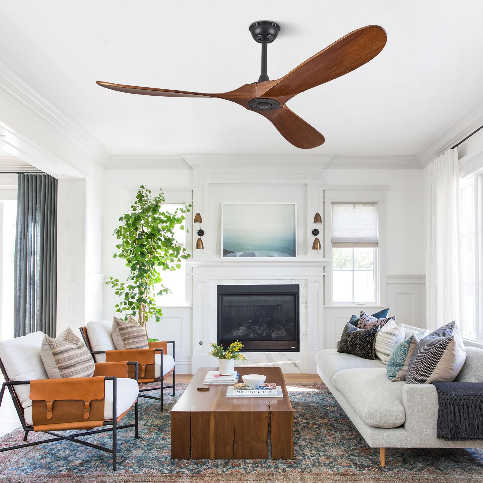 ABZ Ceiling Fans without Lights - 52 Inch Modern Ceiling Fans no Lights with Remote Control, Black 3 Blade Solid Wood Indoor Outdoor Ceiling Fans for Patios Living Room Bedroom
