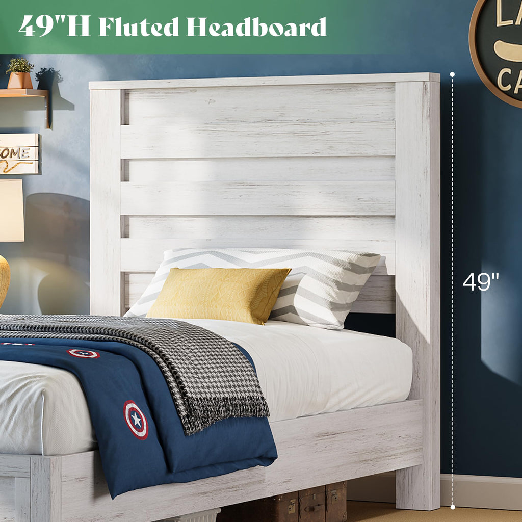 AMERLIFE Farmhouse Full Size Bed Frame with 49" Fluted Headboard, Wood Platform Bed with Natural Grain, No Box Spring Needed/Noise Free, Black