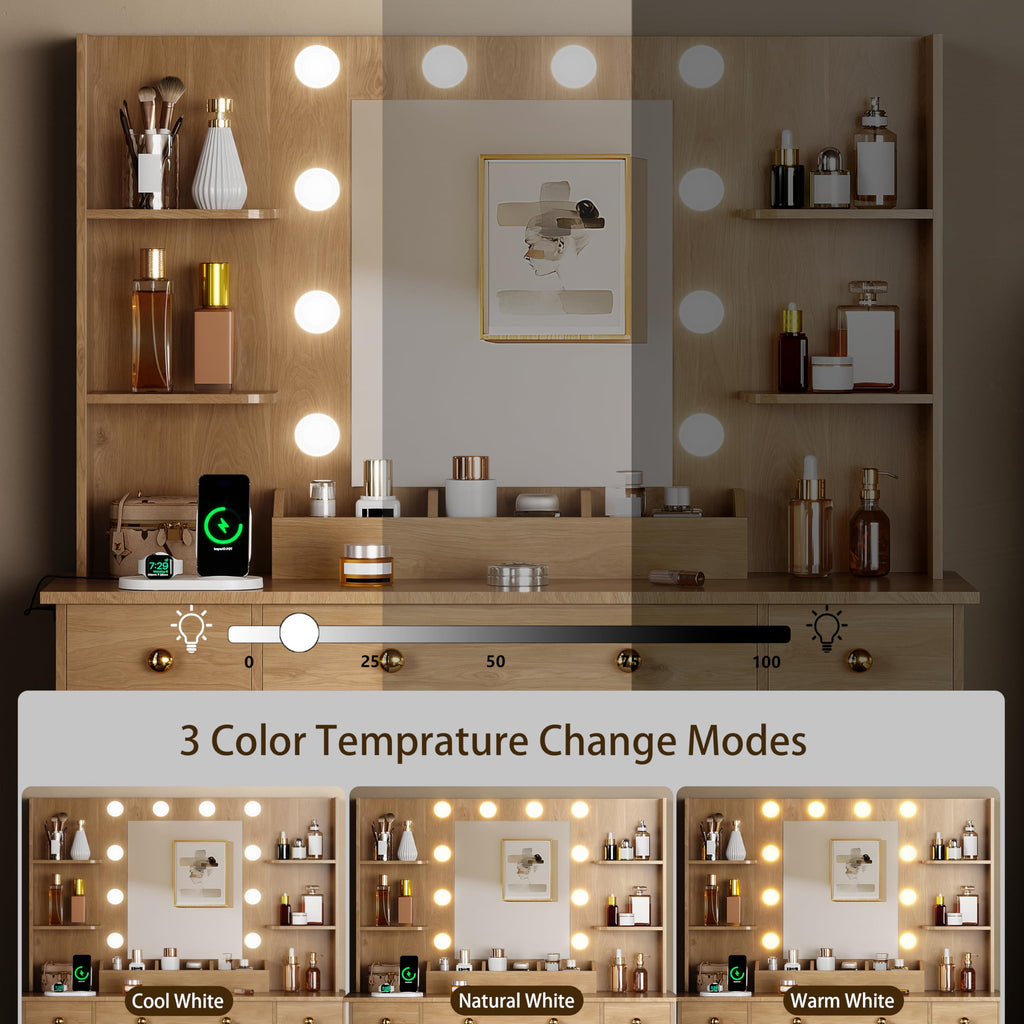 HUANLEGO Vanity Desk with Mirror and Lights, Makeup Vanity with Mirror and LED Lights & Power Outlet, 3 Drawers and Cabinets, 3 Lighting Modes Dressing Table Set for Girls Women Bedroom,Oak