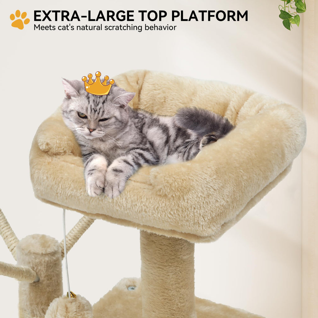 YITAHOME 44in Multi-Level Cat Tree for Indoor Kittens, Cat Furniture with Scratch Posts, Window Padded Plush Perch, Comfortable Hammock, and Interactive Pompoms, Beige