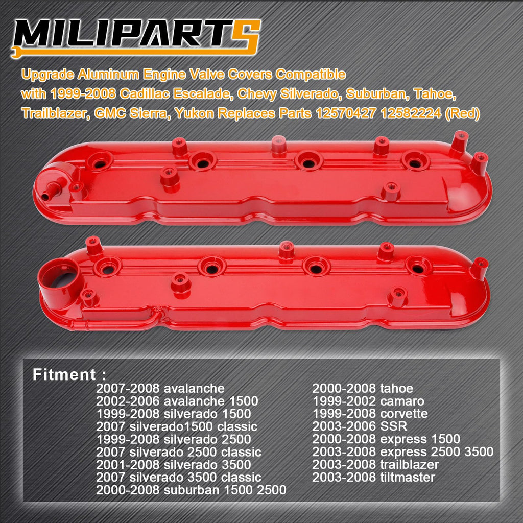 Upgrade Aluminum Engine Valve Covers Compatible with 1999-2008 Cadillac Escalade Chevy Silverado, Suburban Tahoe Trailblazer GMC Sierra Yukon Replaces Parts 12570427 12582224