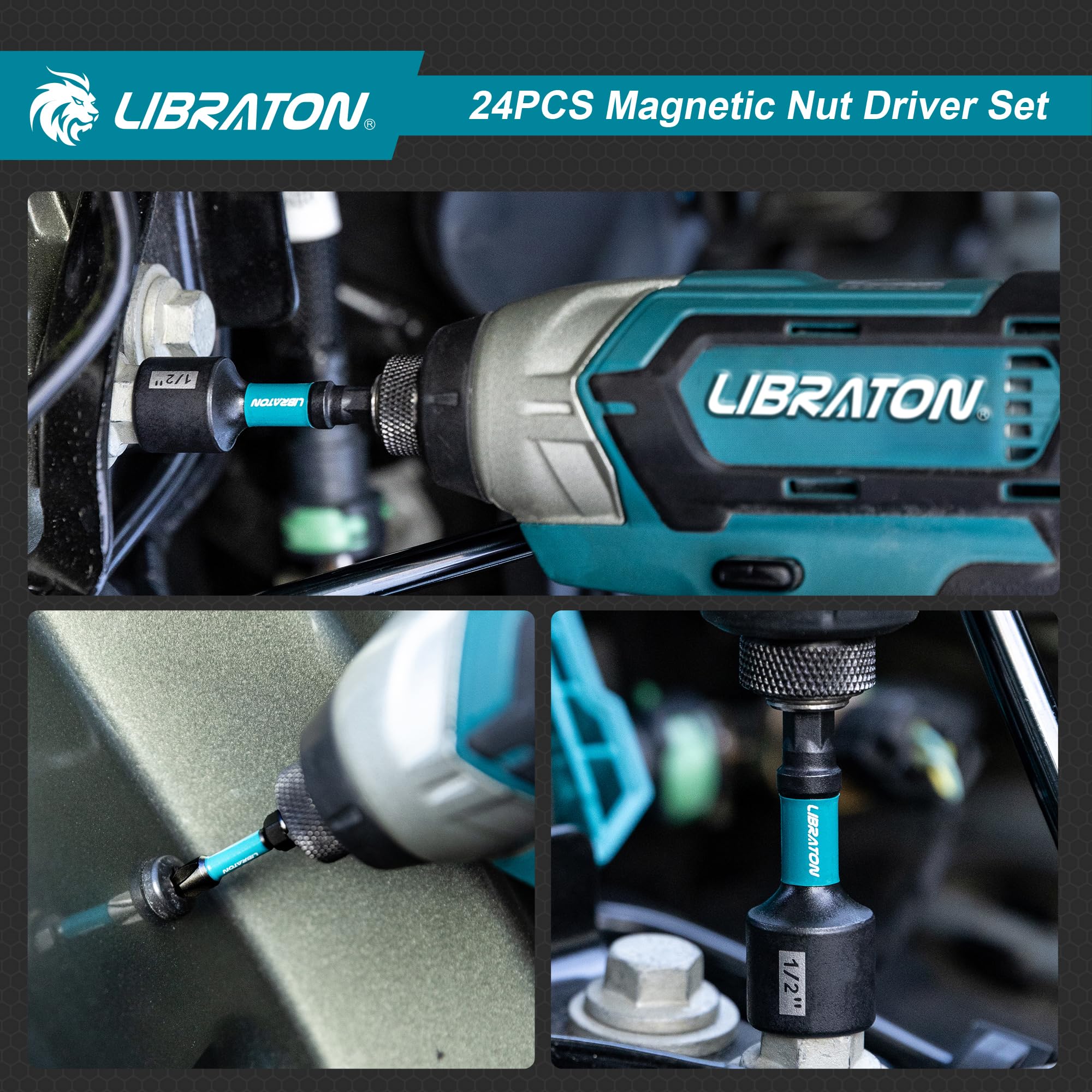 LIBRATON 24PCS Magnetic Nut Driver Set, Impact Drill Driver Bit Set 1/4", Metric and SAE Nut Drivers for Impact Drill, Impact Socket Adapters, Screwdriver Bits, Bit Holder, with Black Phosphating
