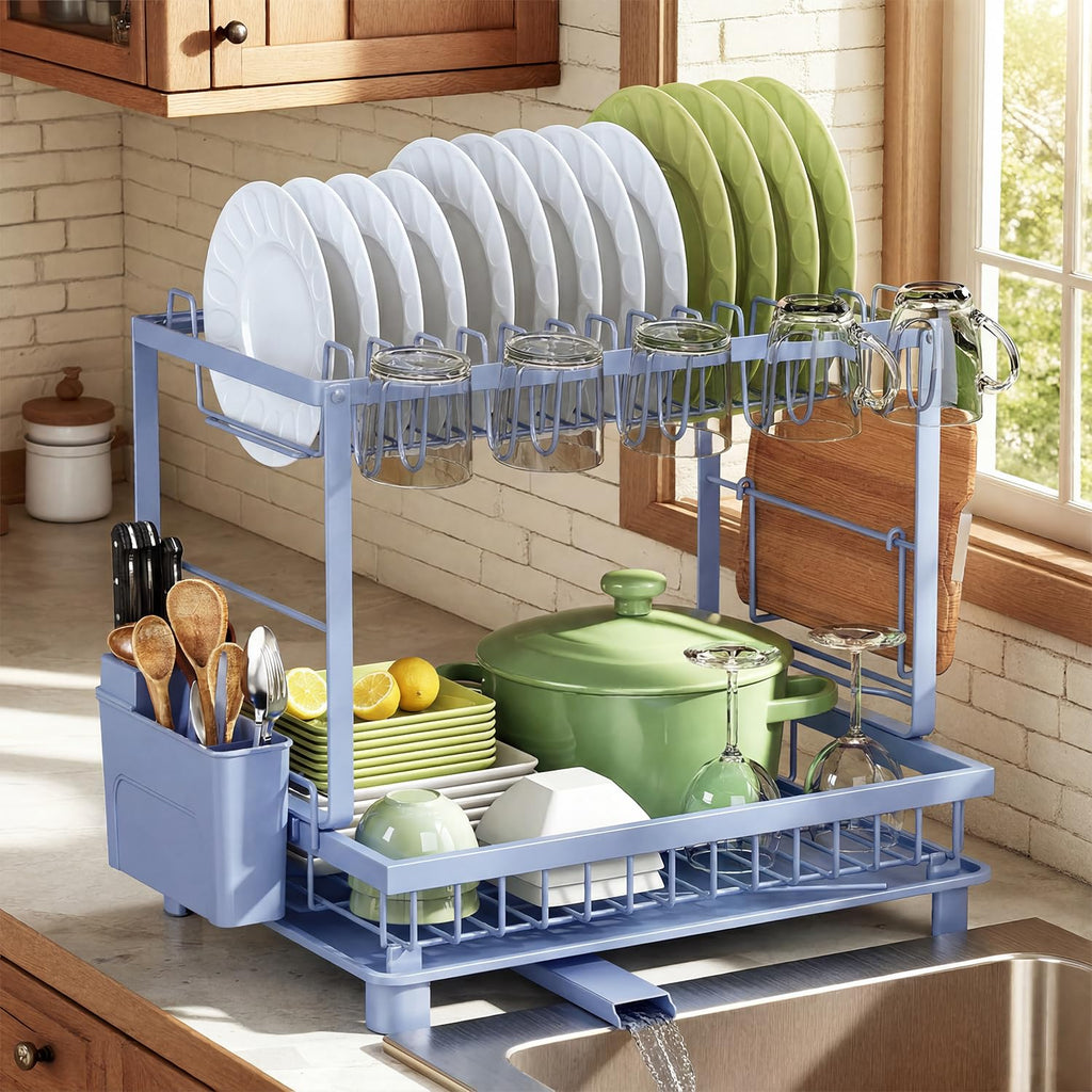 Dish Drying Rack, 2 Tier Space-Saving Dish Rack, Multifunctional Dish Drainer for Kitchen Counter with Drainboard/Utensil/Cup Holder Rustproof Carbon Steel, Black