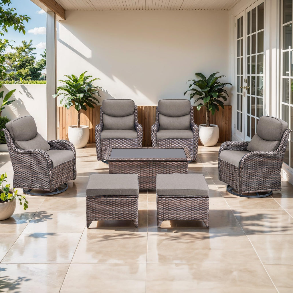 Swivel Patio Chairs Set of 2 with 5" Thick Cushion - Wicker Outdoor Swivel Rocker Patio Chairs, High Back Comfortable Outdoor Glider Chair for Balcony, Porch, Deck, Poolside - Brown/Beige