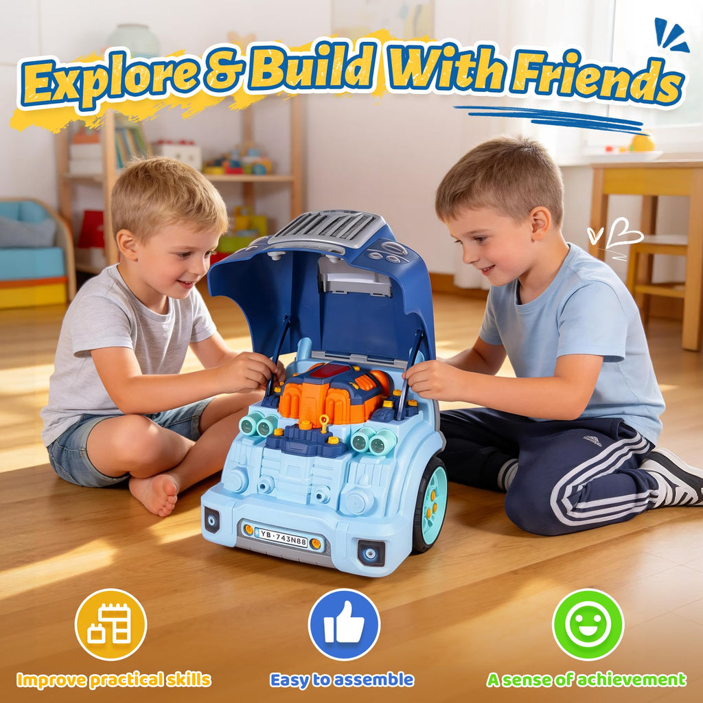 POFJOEQ Interactive Truck Engine Toy with Removable Parts - Lights, Sounds, and Fun for Young Mechanics -Unleash Their Creativity and Motor Skills with This Truck Engine Toy (Bule)