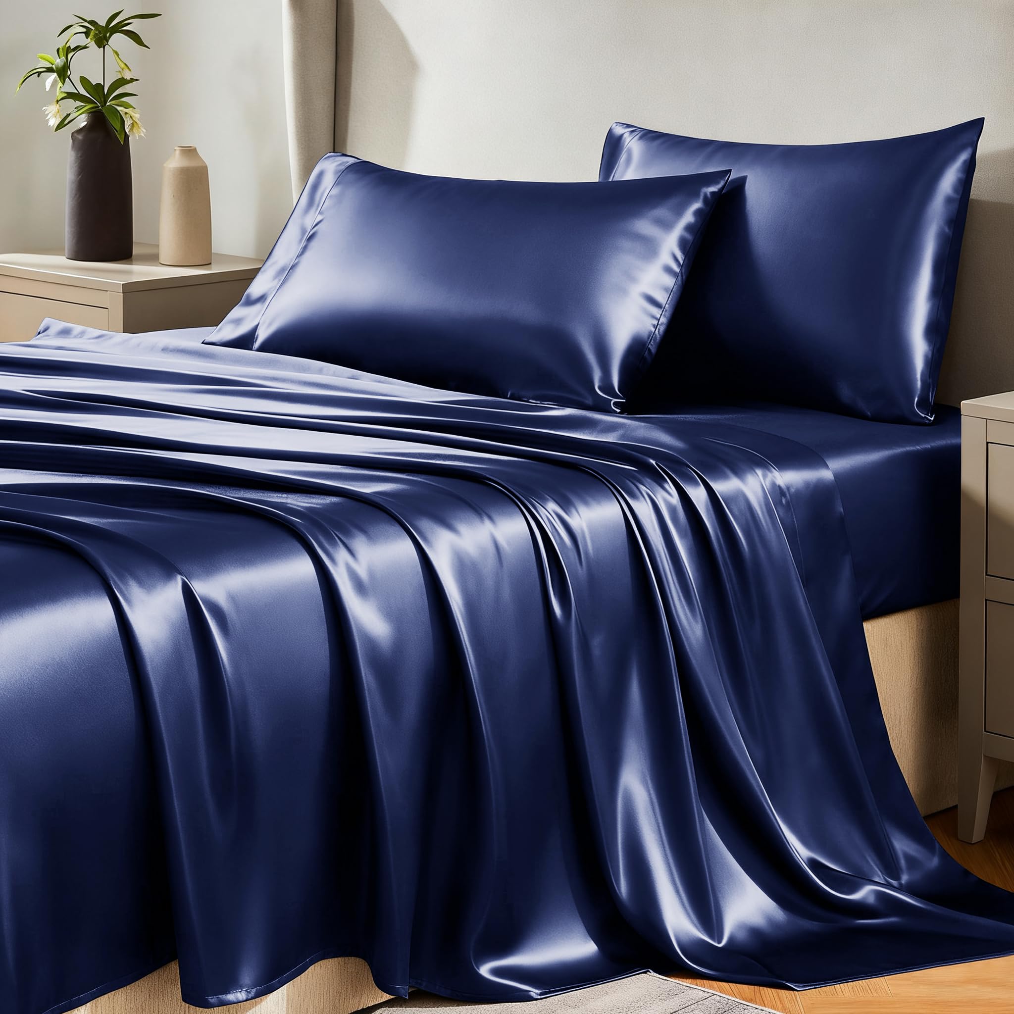 CozyLux Satin Sheets Twin Sheet Set - Silky Soft Bedding Similar to Silk, 3 Piece Sheets for Hair and Skin, Deep Pocket with All-Around Elastic, Home Decor for Bedroom, Black