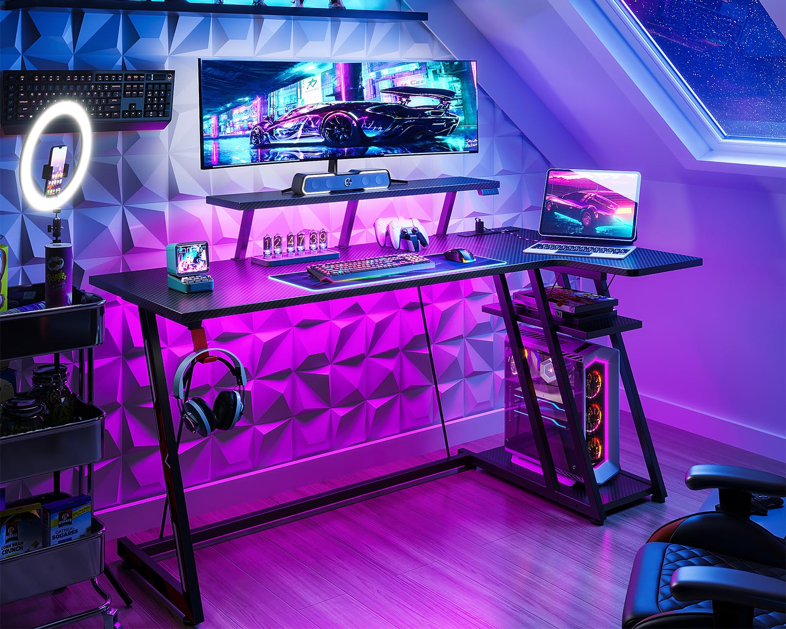 MOTPK Gaming Desk with LED Lights & Power Outlets, 47 Inch L Shaped Computer Desk with Storage Shelf, & Monitor Stand, PC Gaming Table with Carbon Fiber Texture, Black