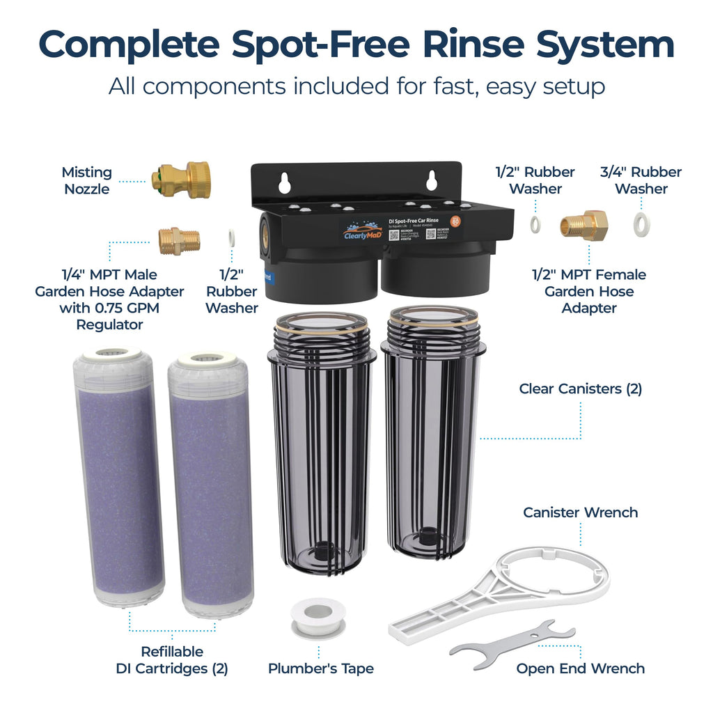 DI Spot-Free Car Wash Rinse Plus, Deionized System for Spotless Washing Dual Resin Filters, Complete Kit with Hose, Nozzle and Quick Connects, Prevent Water Spots on RVs and Windows
