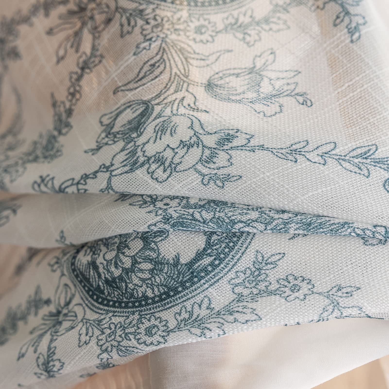 SUOUO Blue Leaf Semi Sheer White Curtains for Bedroom Dining Living Room Linen Textured 84 inches Long Rod Pocket Boho Window Drapes 2 Panels