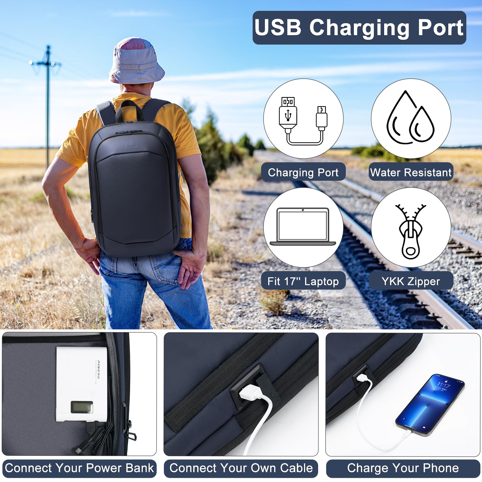 hk Business Backpack for Men 15.6 Inch,Slim & Expandable Waterproof Travel Laptop Backpack, Anti-Theft Lightweight Work Computer Bag, College Laptop Backpacks Gifts for Men Women-Black