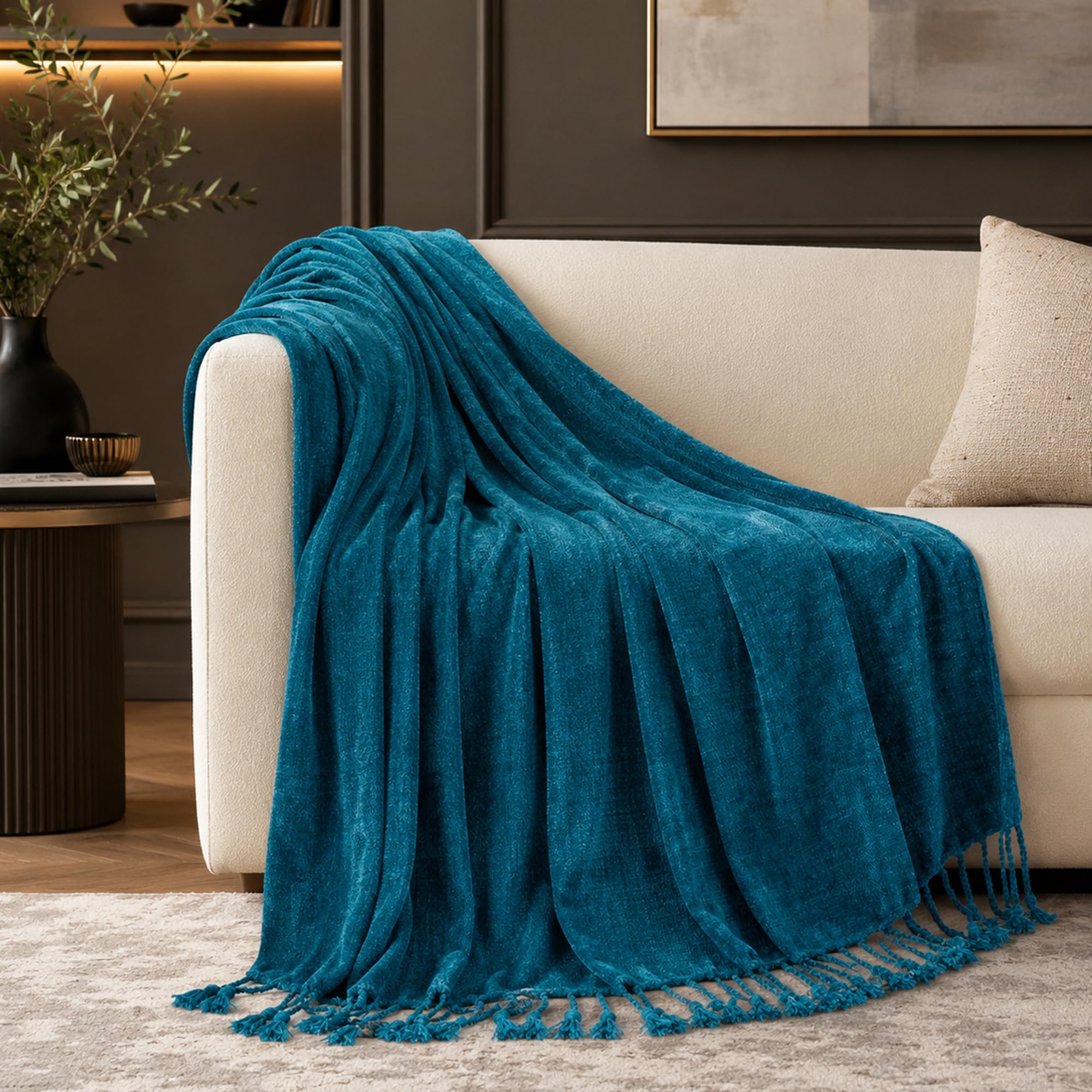 BATTILO HOME Beige Chenille Throw Blanket for Couch, Soft Cozy Textured Knit Throw Blanket with Handmade Fringe Tassels, Lightweight Decorative Farmhouse Blanket for Sofa Bed Chair, 50"x60"