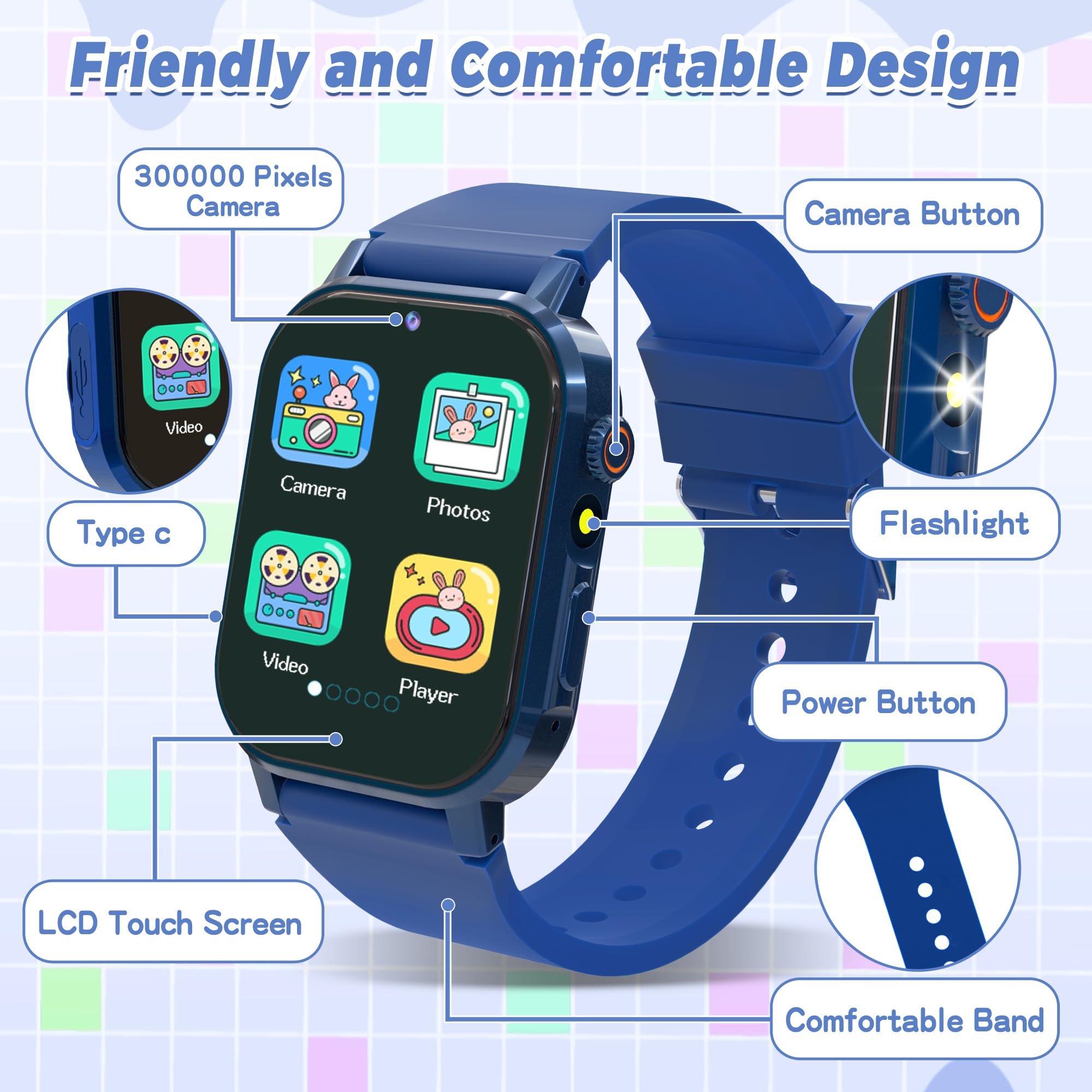 Kids Smart Watch Boys, Kids Game Smart Watch with 32 Games HD Touch Screen Video Camera Music Player Audiobooks Pedometer Flashlight Alarm Clock 12/24 hr, Toys Gift for 3-12 Years Old Boys Girls