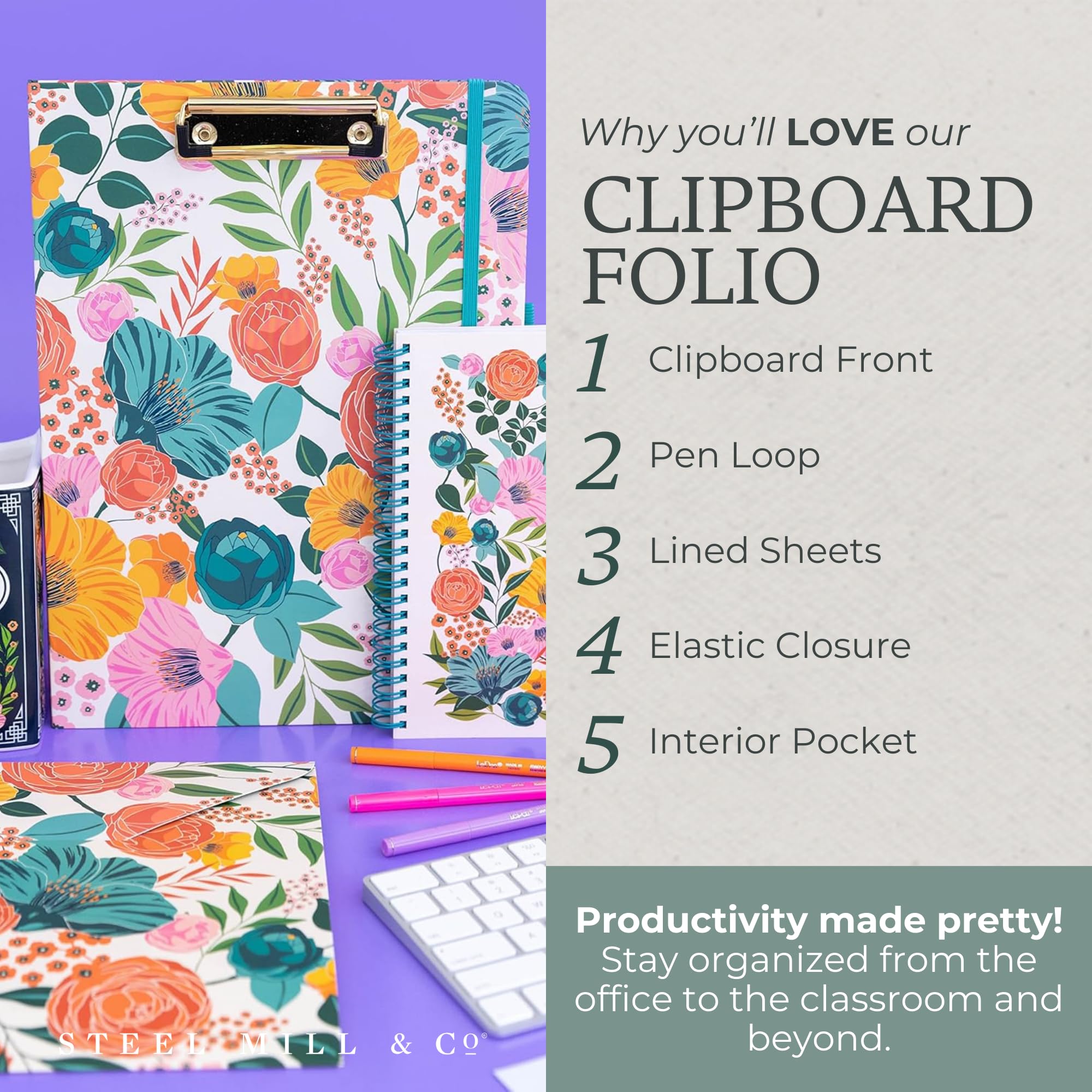 Steel Mill & Co Cute Clipboard Folio with Refillable Lined Notepad and Interior Storage Pocket, Black and White Padfolio for Work, Black Dots