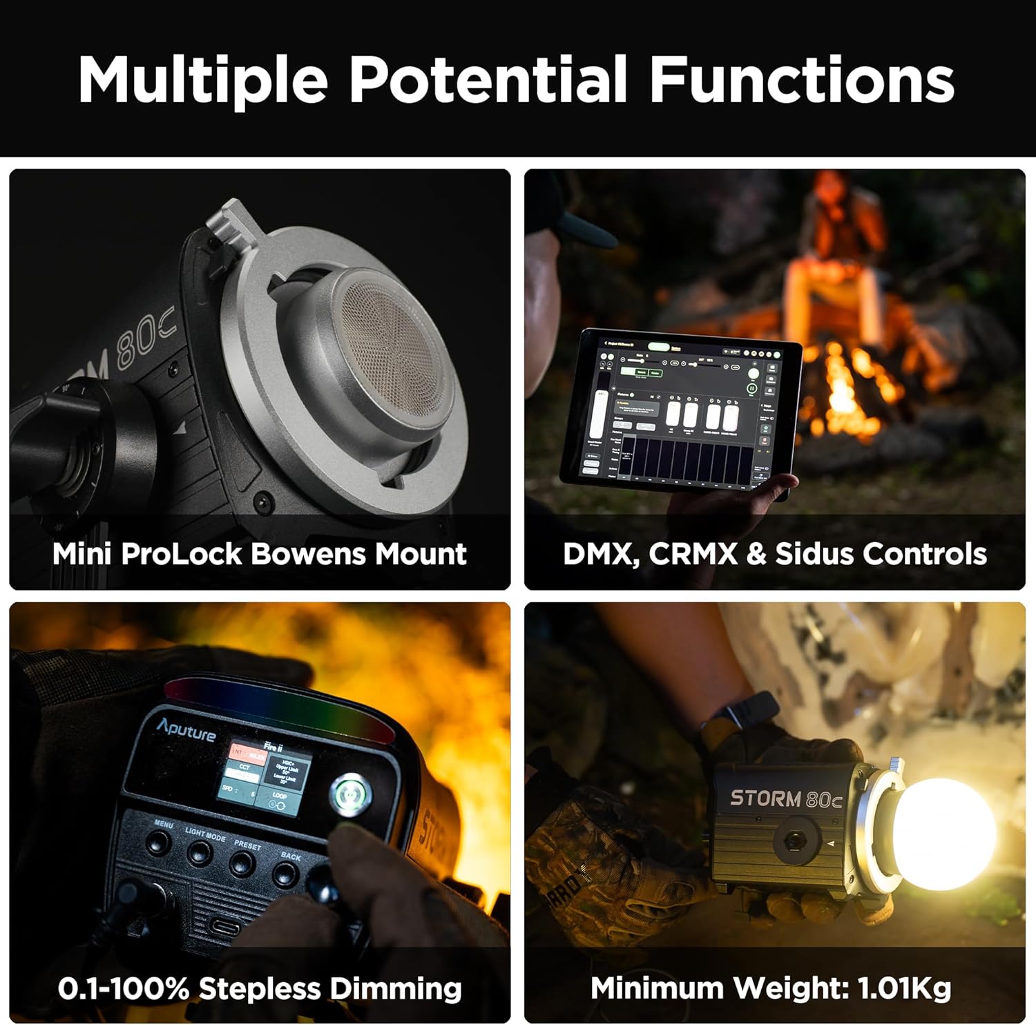 Aputure Storm 80c RGB LED Video Light, 80w Full-Color Point Source Fixture, 20,185Lux @1m, 1,800K-20,000K Advanced Diode Mixing, CRI≥97, IP65 Weatherproof, Sidus Link, DMX & LumenRadio Control