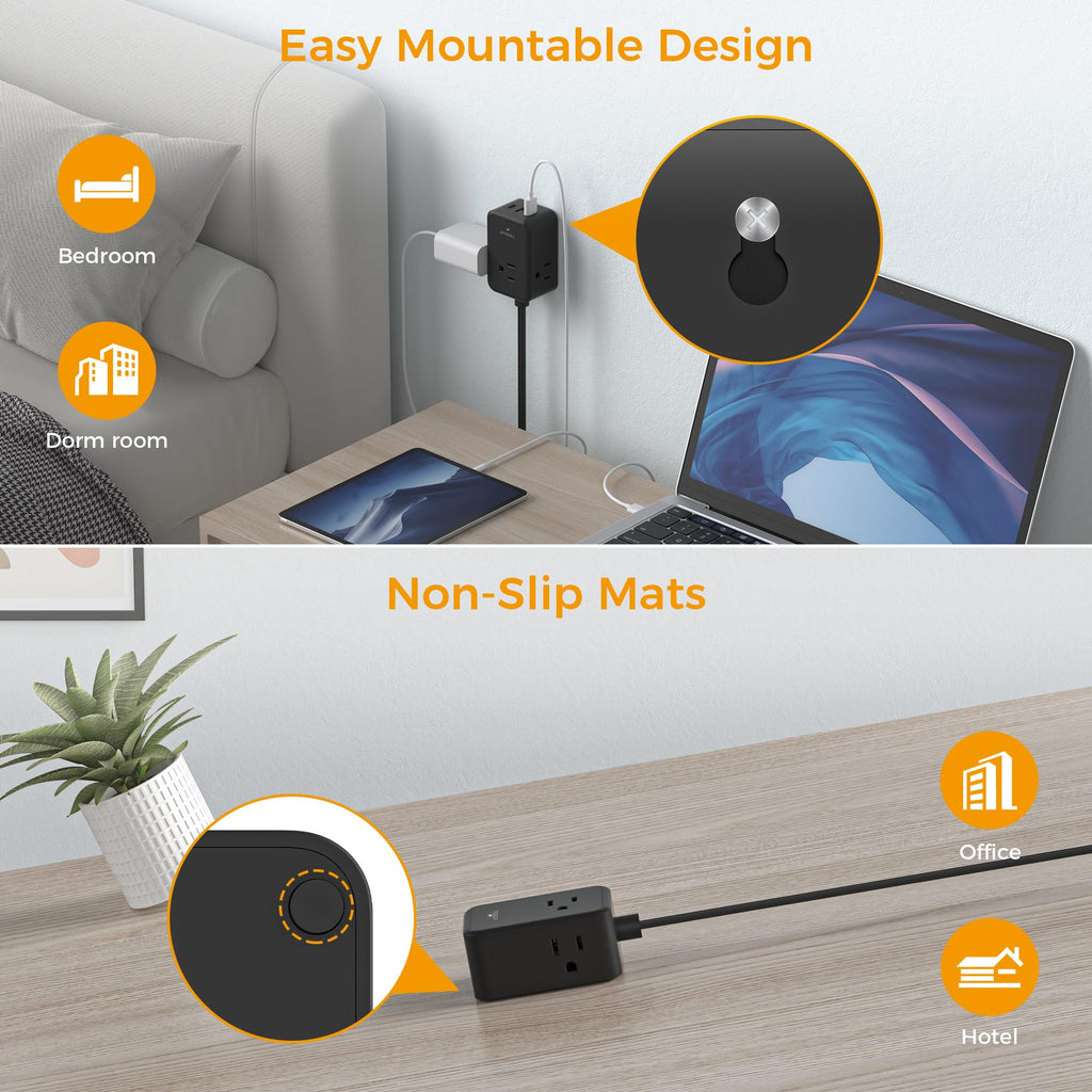 TESSAN Small Flat Plug Power Strip, Ultra Thin Extension Cord 5 ft, 3 AC Outlets with 3 USB Ports (1 USB C), Multiple Wall Outlet Extender for Cruise Travel Office School Dorm Room Essentials, Black
