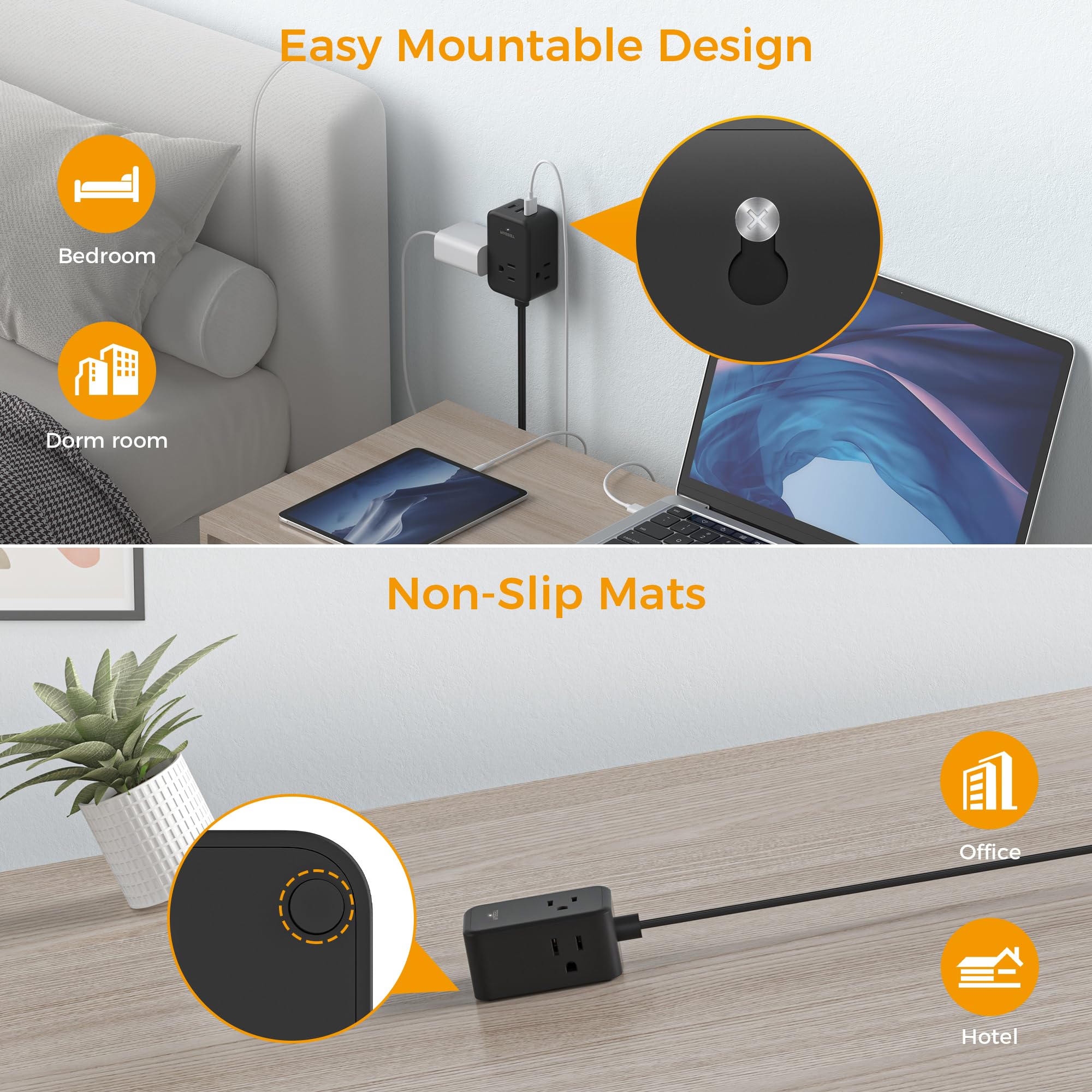 TESSAN Small Flat Plug Power Strip, Ultra Thin Extension Cord 5 ft, 3 AC Outlets with 3 USB Ports (1 USB C), Multiple Wall Outlet Extender for Cruise Travel Office School Dorm Room Essentials, Black