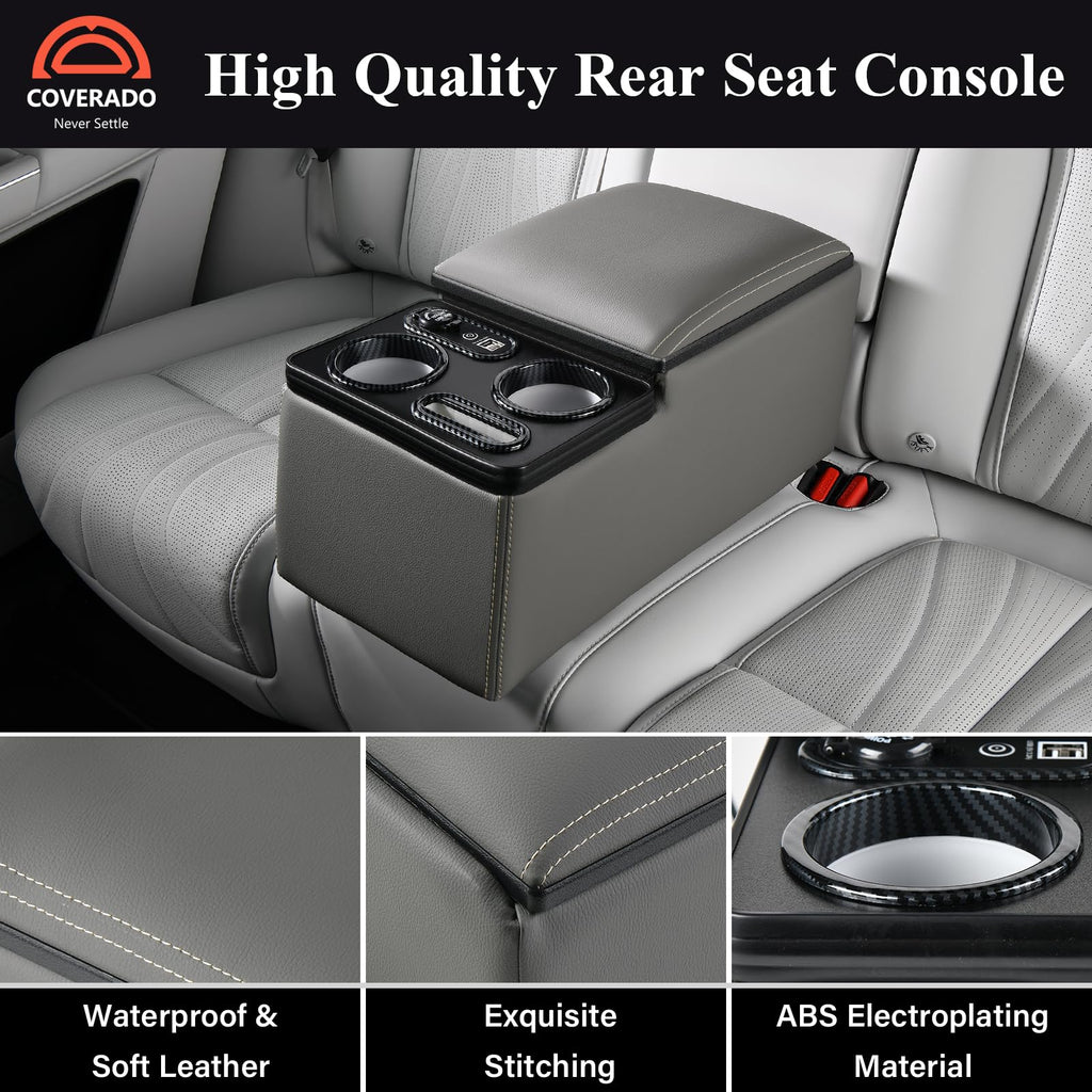 Coverado Car Center Console, Universal Rear Bench Seat Consoles, Truck Seat Organizer and Storage, Back Seat Car Organizer with Cup Holder, Large Storage Box, Central Armrest Box (Regular, Beige)