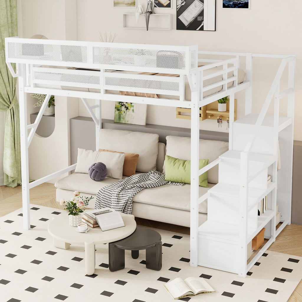 Mirightone Full Size Loft Bed with Stairs, Metal Loft Beds, High Loft Bed Frame with Storage Shelves, Lofted Full Bed with Wardrobe for Kids and Teens, No Box Spring Needed (Black)