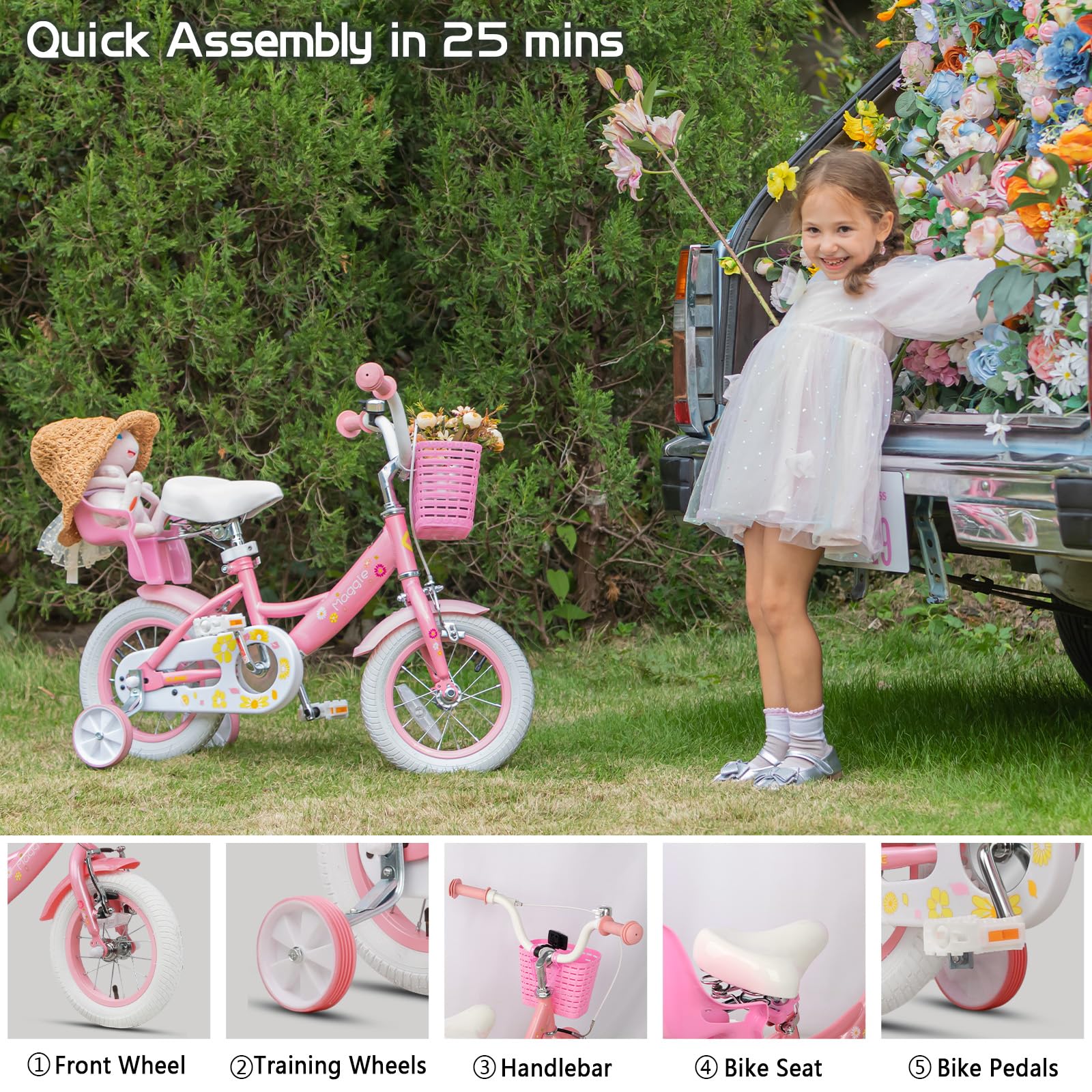 Glerc Maggie Girls Bike, 12-20 Inch Kids Bike for 2-13 Years Old Children, Princess Style Kids Bicycle with Doll-Seat & Basket & Training Wheels, Multiple Colors