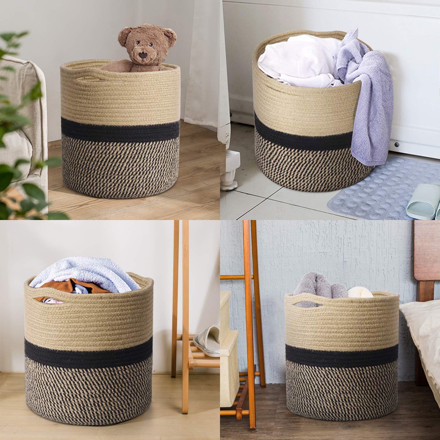 TIMEYARD Sturdy Jute Rope Plant Basket Modern Woven Basket up to 7.5 Inch Flower Pot Floor Indoor Planters, 8” x 8” Storage Organizer Baskets Rustic Home Decor, Black Stripes