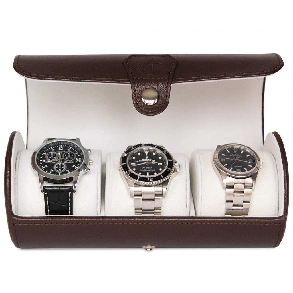 CASE ELEGANCE Travel Watch Case Roll Organizer for Men - 3 Watch Box & Vegan Faux Leather Watch Display Case - Mens Watch Holder, Storage & Travel Organizer - Black