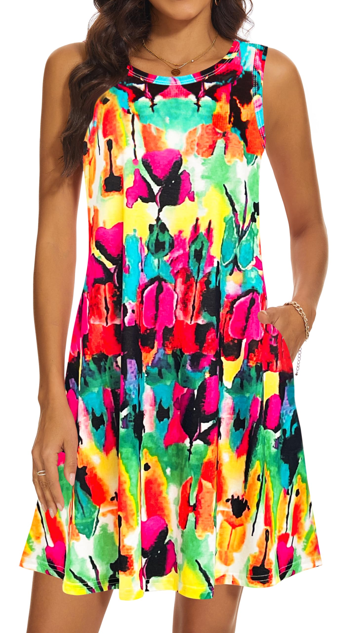 Summer Dresses for Women 2026 Casual Sundresses Beach Cover Ups Sleeveless Tshirt Swing Dress with Pockets