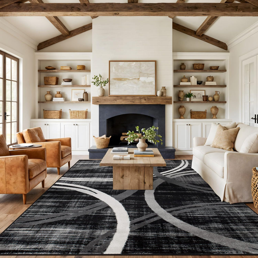 Rugshop Modern Wavy Circles Design Accent Rug, Carpet with Jute Backing for Entryway, Kitchen, or Pet Area, Black, 2' x 3'