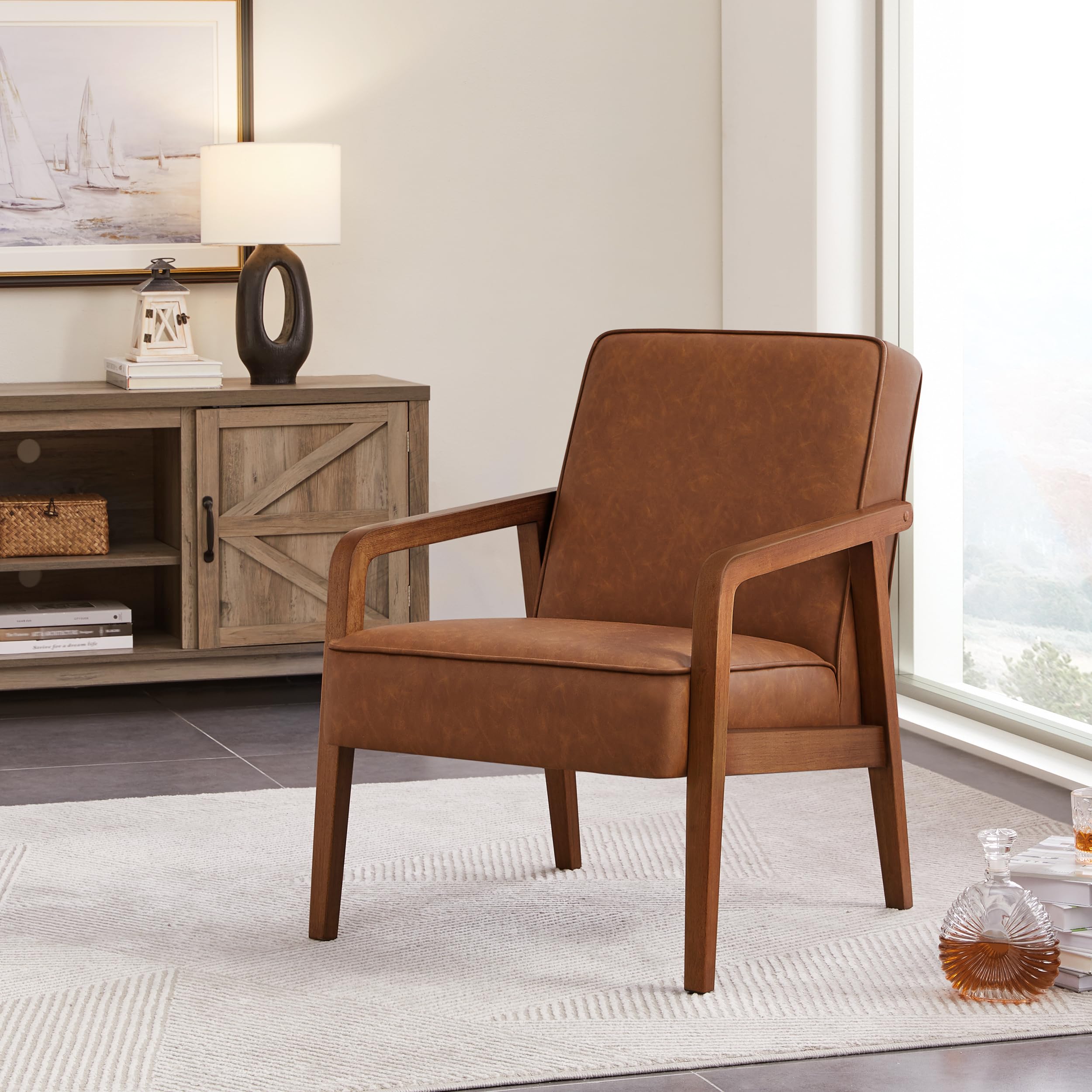 Yaheetech Accent Chair, PU Leather Reading Chair, Mid Century Modern Arm Chair with Solid Wood Frame for Living Room Bedroom Waiting Room, 2 Pieces, Black