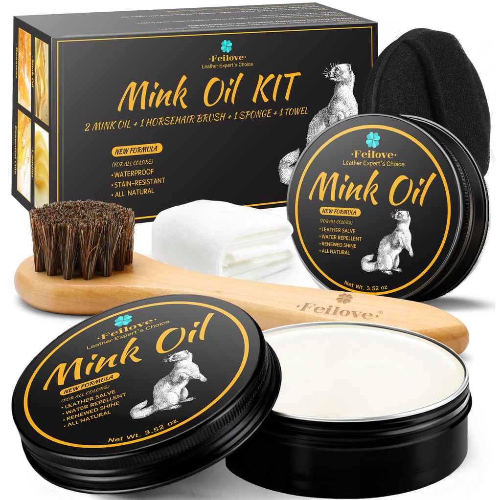 Feilove 4-in-1 Mink Oil Leather Conditioner and Cleaner 3.52 oz - Premium Waterproof Formula for Boots and Shoes