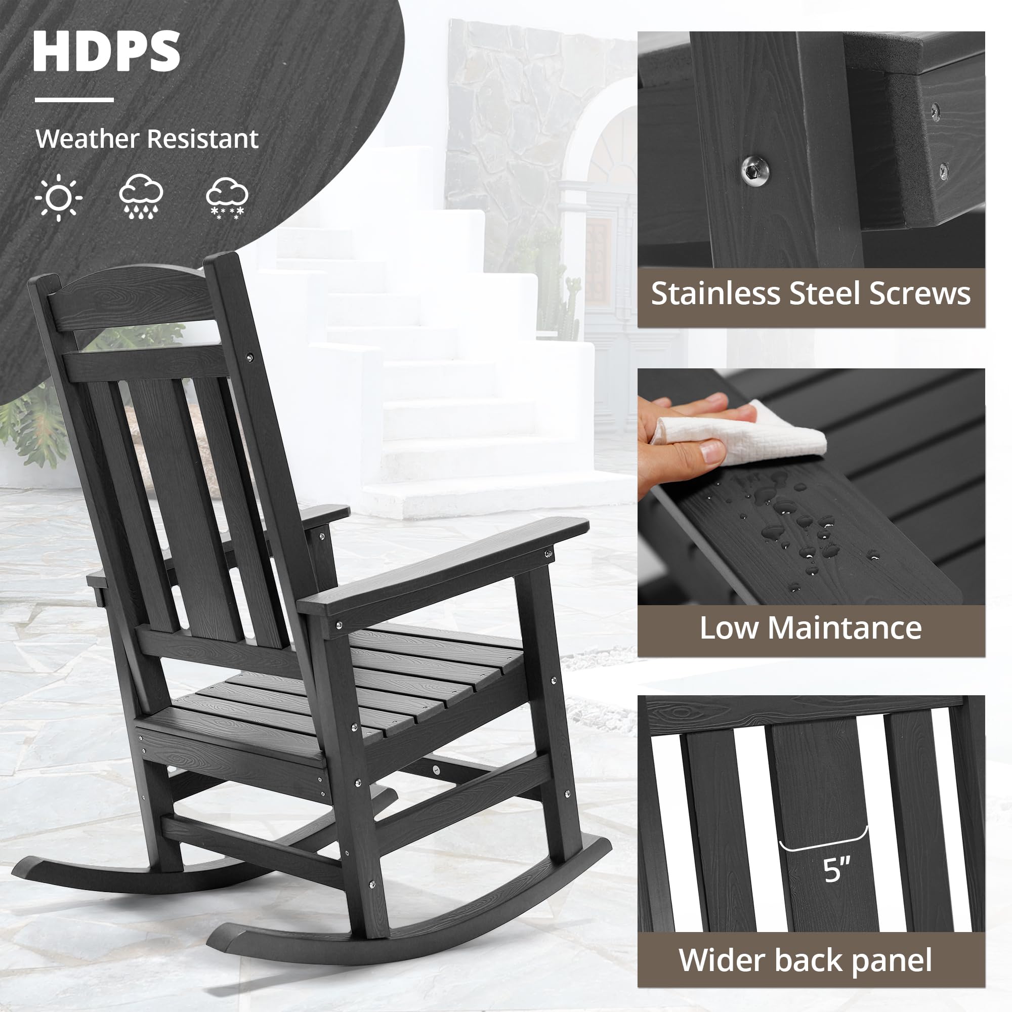 LUE BONA Rocking Chair Outdoor, Weather Resistant HDPS Plastic Rocker Chairs, 350lb Heavy Duty, Oversized Porch Rocker for Adult, High Back Smooth Rocking Chairs for Outdoor & Indoor, Aruba Blue