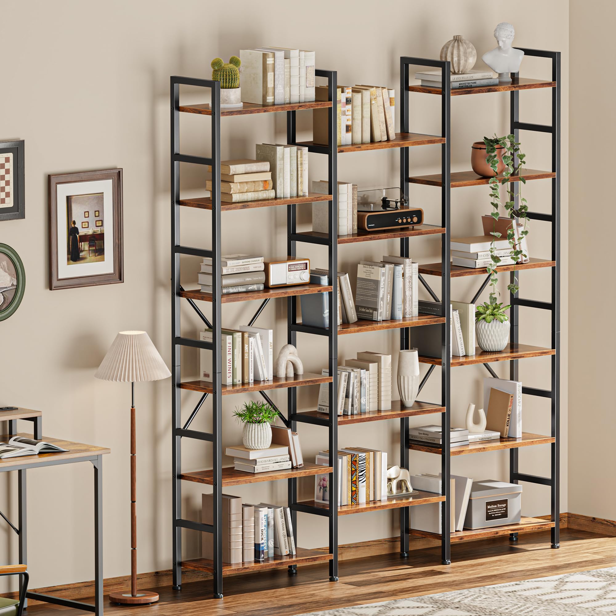 SUPERJARE Triple Bookshelf, Bookcase with 11 Open Display Shelves, Wide Book Shelf Book Case for Home & Office, 4 Tier, Black