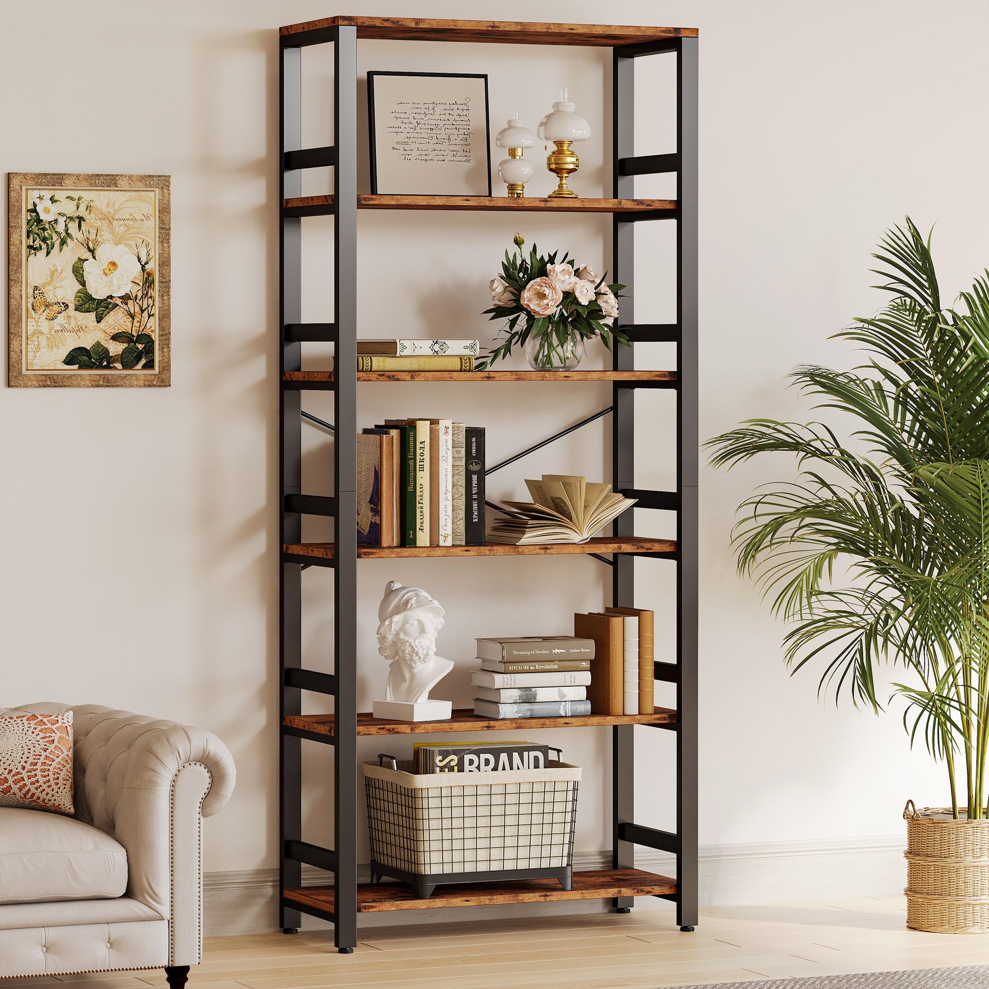 IRONCK Bookshelf, 31.5in Wide Shelf 6 Tier Bookcase, 110lbs/shelf Vintage Industrial Style Bookshelves for Bedroom, Living Room and Home Office, Industrial Brown
