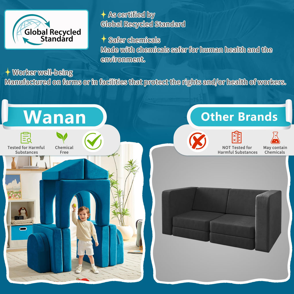 wanan Kids Couch 10PCS, Modular Kids Play Couch for Playroom Bedroom, 10 in 1 Multifunctional Kid Sofa for Playing, Creativing, Sleeping, Indoor Toddler Couches for Boys and Girls(Dark Grey)