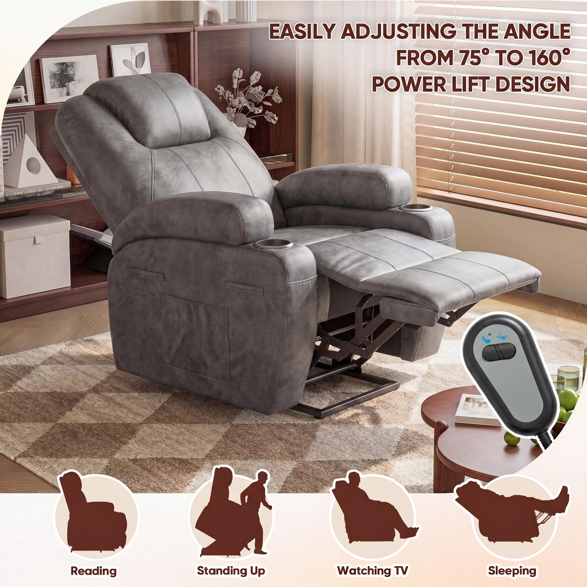 Furmax Electric Power Lift Recliner Chair with Massage for Elderly Corduroy Fabric Recliner Single Sofa with Cup Holders, Side Pockets and Remote Control for Living Room Bedroom (Leathaire, Brown)