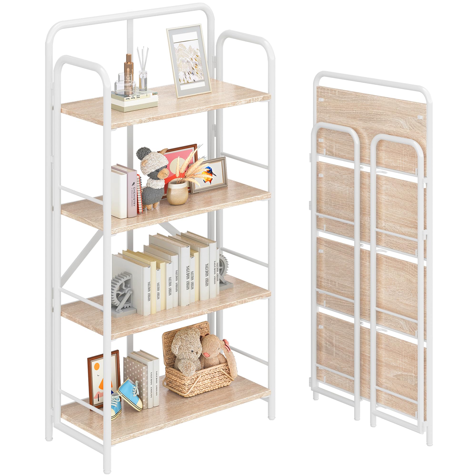 4NM No Assembly Folding Bookshelf, 3 Tiers Collapsible Book Shelves Open Industrial Foldable Storage Bookcase Shelf for Bedroom, Living Room, Home Office - Natural and White