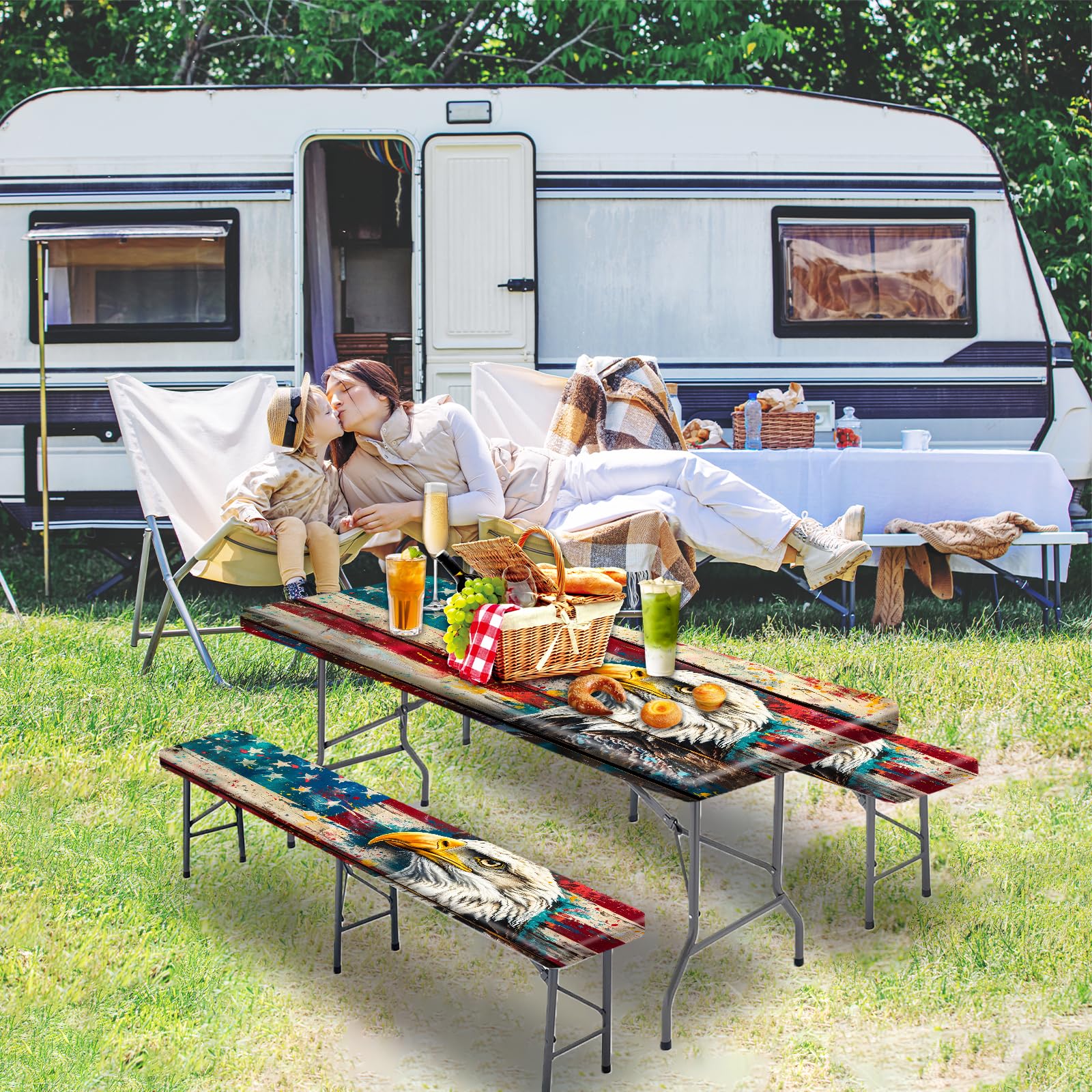 Park Picnic Table Cover with Bench Covers Lightweight Camping Essentials, Oil-Proof Waterproof 3PCS Tablecloth with Elastic, Fitted for Table 6FT Rectangle and Seats, American Flag Eagle (72x30in)
