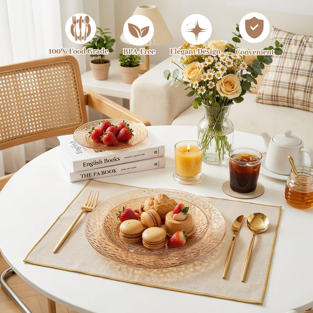 Rubtlamp 100Pcs Amber Gold Plastic Plates, Disposable Plates With Gold Rim, Heavy-duty Party Platos, Hammered Plastic Plates Include 50 Clear Dessert Plates, 50 Dinner Plates for Party