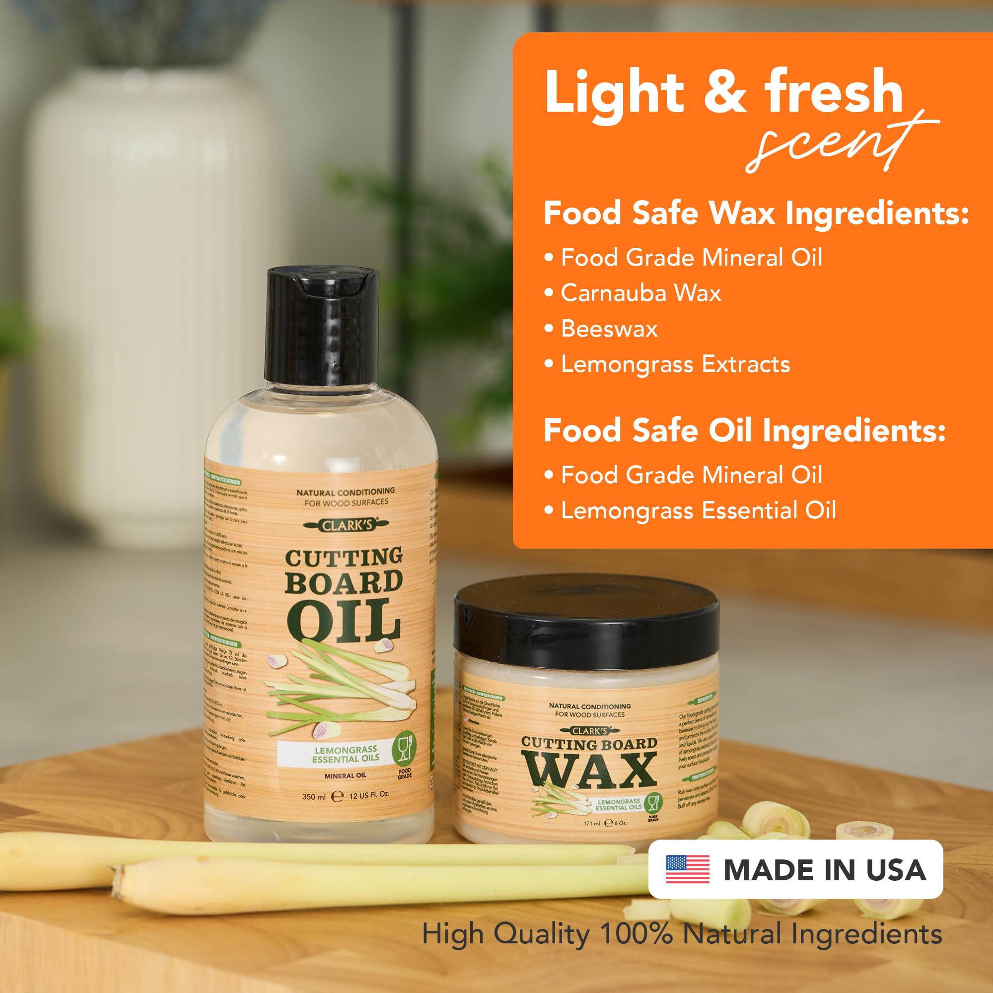 CLARK'S Cutting Board Care Kit with Coconut Oil - Includes Butcher Block Oil and Wax - Made with Refined Coconut Oil, Natural Beeswax, and Carnauba Wax - For Kitchen Countertops and Butcher Blocks