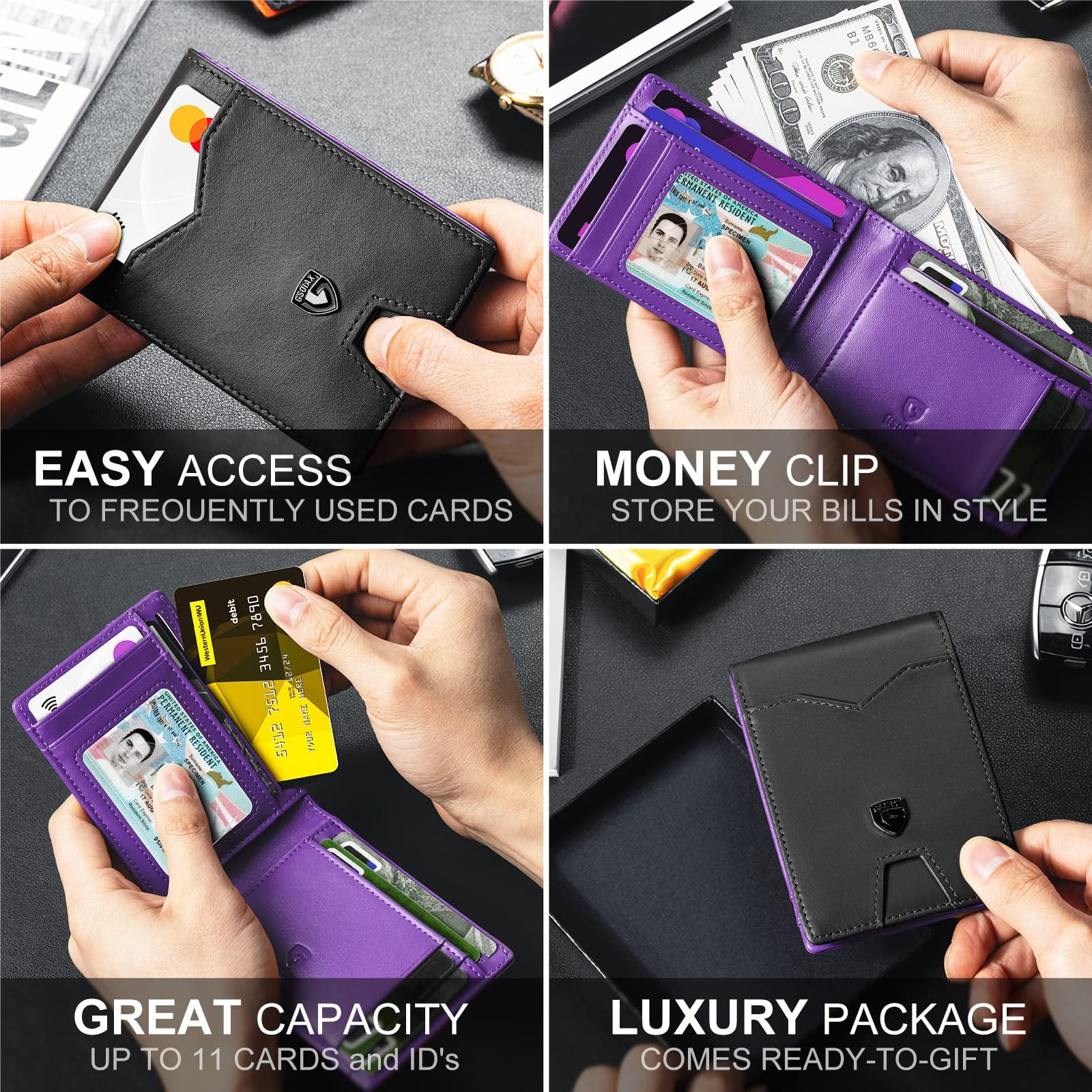 GSOIAX Slim Wallet for Men Rfid Blocking Leather Bifold Front Pocket Carbon Fiber Men's Money Clips Credit Card Holder With Gift Box