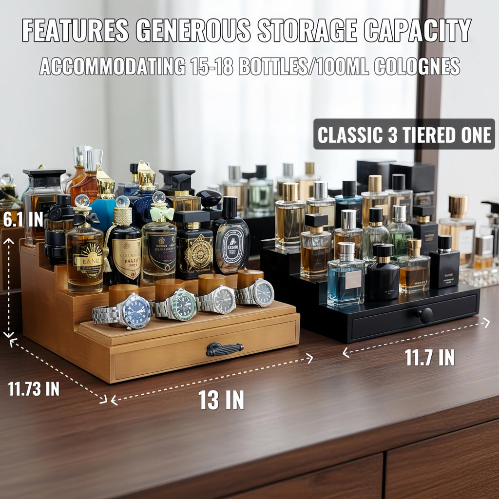 Wooden Cologne Organizer for Men 3 Tier | Black Perfume Holder Shelf for Dresser | High Grade Velvet Lining and Stylish Gift Box | Uncluttered Design Perfume Display Stand
