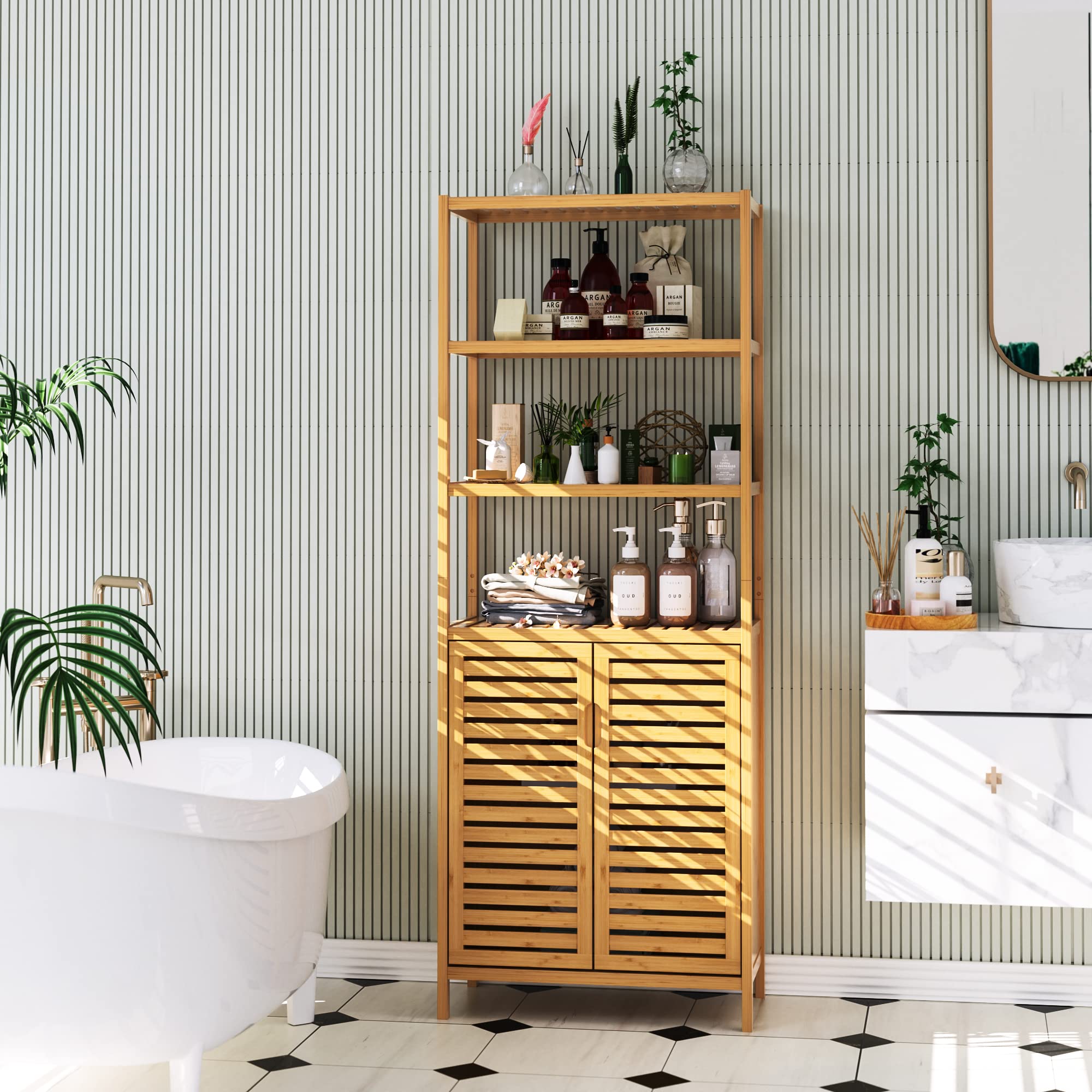 HIFIT Tall Bathroom Storage Cabinet, 66" Bamboo Narrow Bathroom Floor Cabinet with 2 Door & 4-Tier Open Shelves, Corner Tall Cabinets Freestanding Organizer Unit for Bath, Living Room, Entryway,Nature