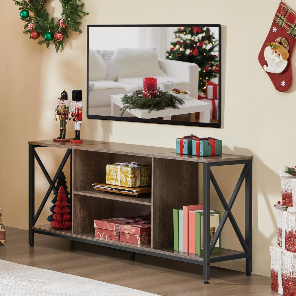 Yaheetech Industrial TV Stand for 55 Inch TV, Entertainment Center Media Console Table with Open Storage for Living Room, Wood Modern Furniture, Gray