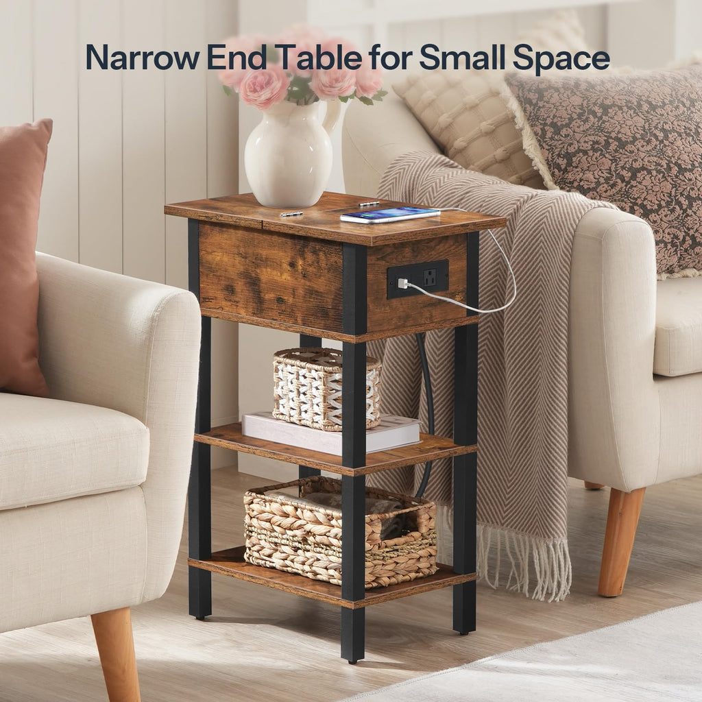 HOOBRO End Table with Charging Station, Flip Top Side Table with USB Ports, Narrow Nightstand Bedside Tables with Storage Shelves, for Small Space, Living Room, Black BK141UBZ01