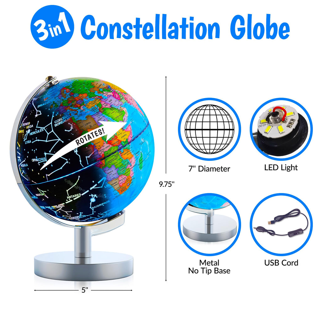 USA Toyz Illuminated Globe for Kids Learning- 3-in-1 STEM Globes of the World with Stand, Constellation Map, Built-in LED Night Light Desk Globe Lamp, Non-Tip Metal Base, 9.75” Tall, 7 Inch Diameter