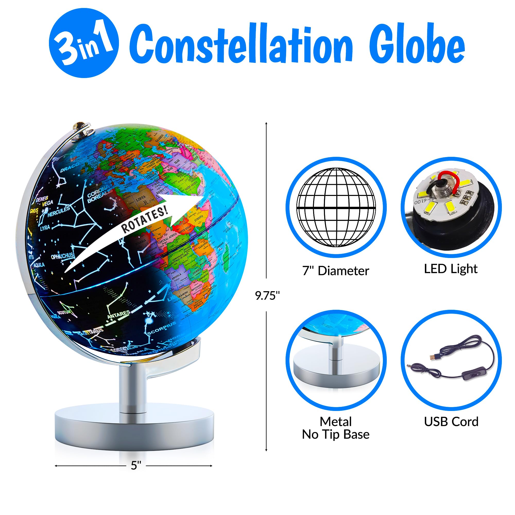 USA Toyz Illuminated Globe for Kids Learning- 3-in-1 STEM Globes of the World with Stand, Constellation Map, Built-in LED Night Light Desk Globe Lamp, Non-Tip Metal Base, 9.75” Tall, 7 Inch Diameter