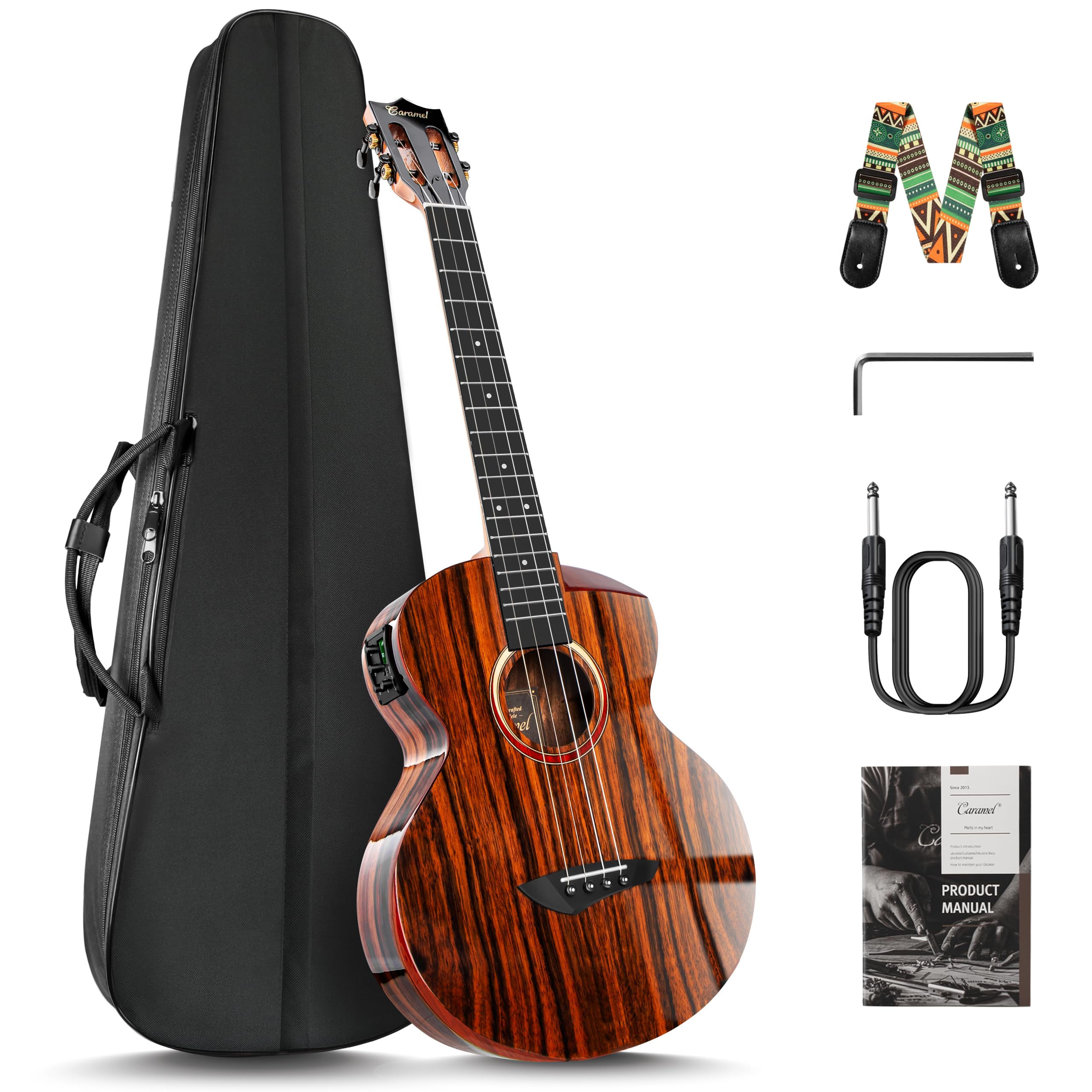 Caramel TEG95 Butterfly Bocote Glossy Tenor Acoustic & Electric Ukulele | 26-inch Handmade Professional Ukelele Kit with Accessories