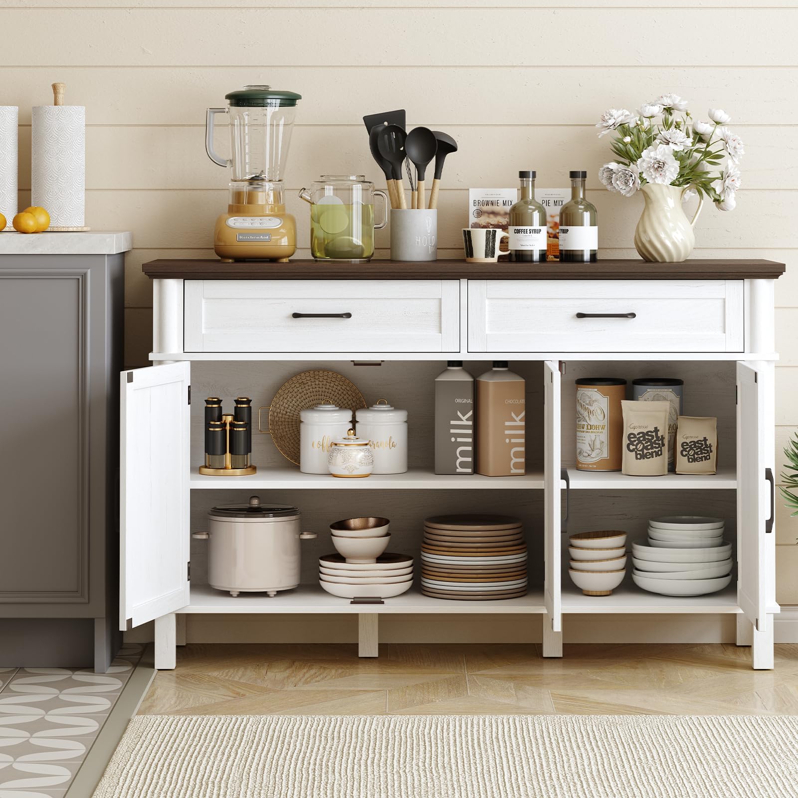 ONBRILL 48 Inches Buffet Cabinet with Storage, Farmhouse Sideboard Buffet w/2 Drawers and 3 Doors, Wood Coffee Bar Cabinet with Adjustable Shelves, Sideboard Storage for Kitchen, Living Room, Black