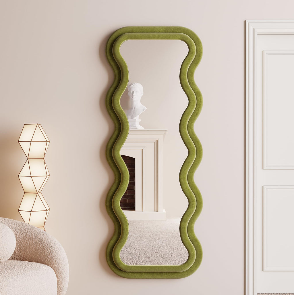 BOJOY Full Length Mirror, 63" x 24" Wall Mirror, Flannel Wrapped Wooden Frame Floor Mirror, Irregular Wavy Mirror Hanging or Leaning Against Wall for Cloakroom/Bedroom/Living Room, Black
